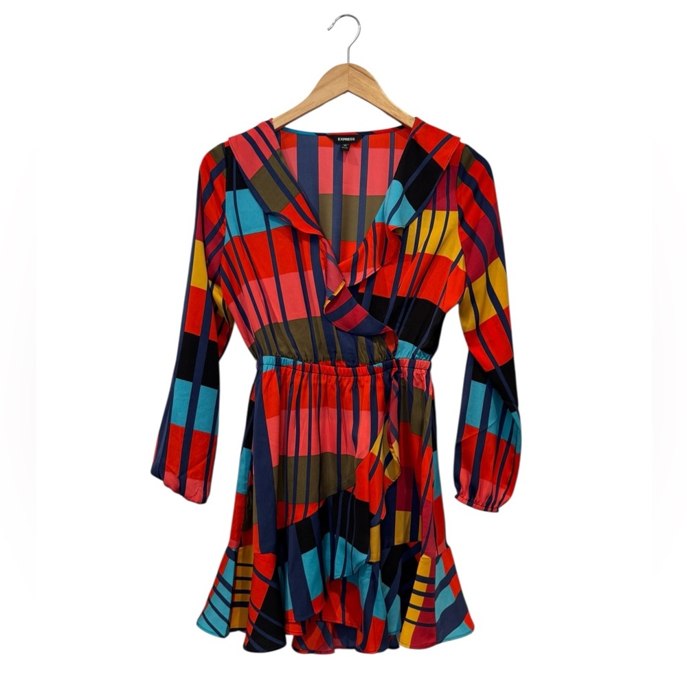 Express Color Block Elastic Waist Ruffle Wrap Dress